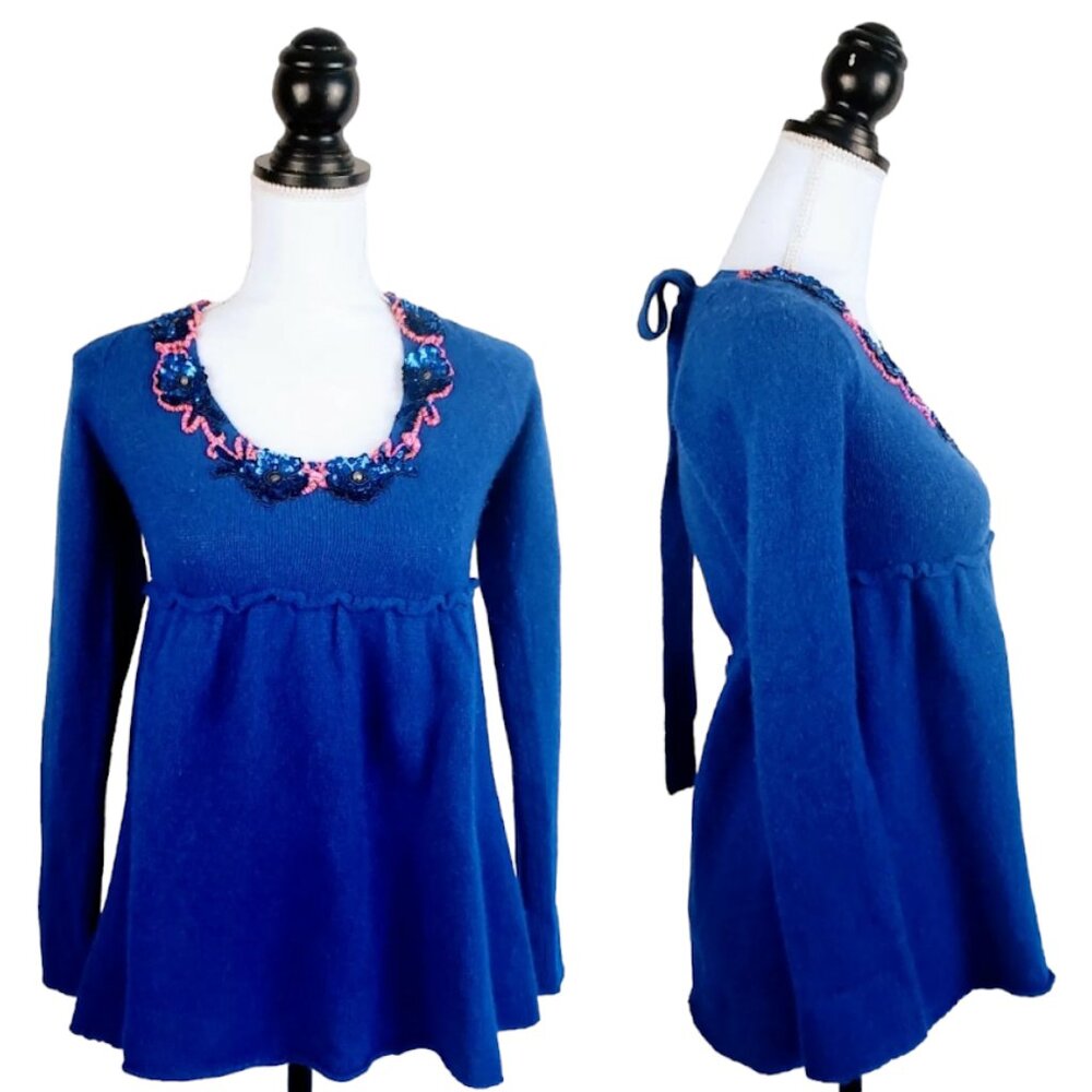 FREE PEOPLE Babydoll Sweater, Blue Wool Rabbit Hair Beaded Sequin Floral Boho, S
